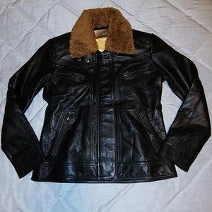 Black Leather Jacket with Brown Fur Collat